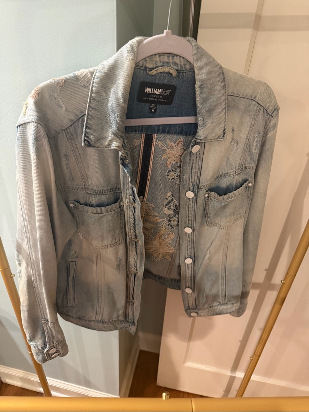 William Rast Faded Blue Embroidered Denim Jacket with Cream Floral Details